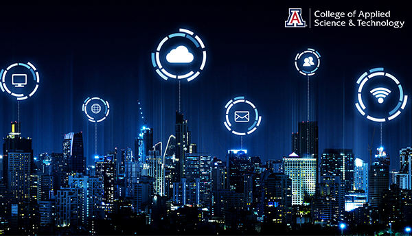 Photo of city skyline with icons related to cyber.
