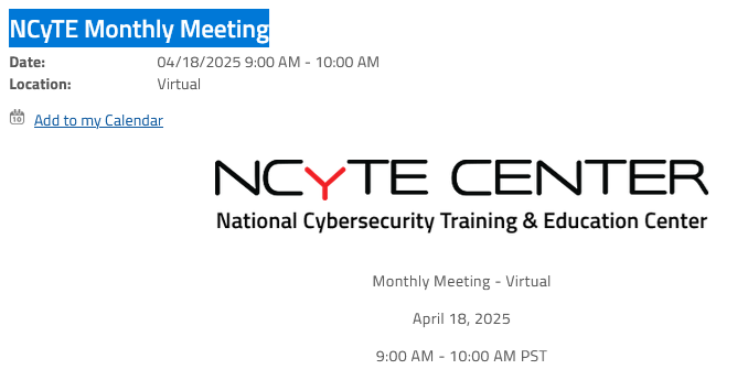 NCyTE April 18, 2025 Monthly Event Page